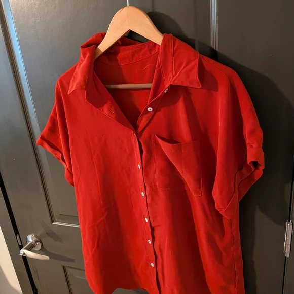 Red Short-Sleeve Button-Up Shirt - Women's Top - Picture 3 of 5